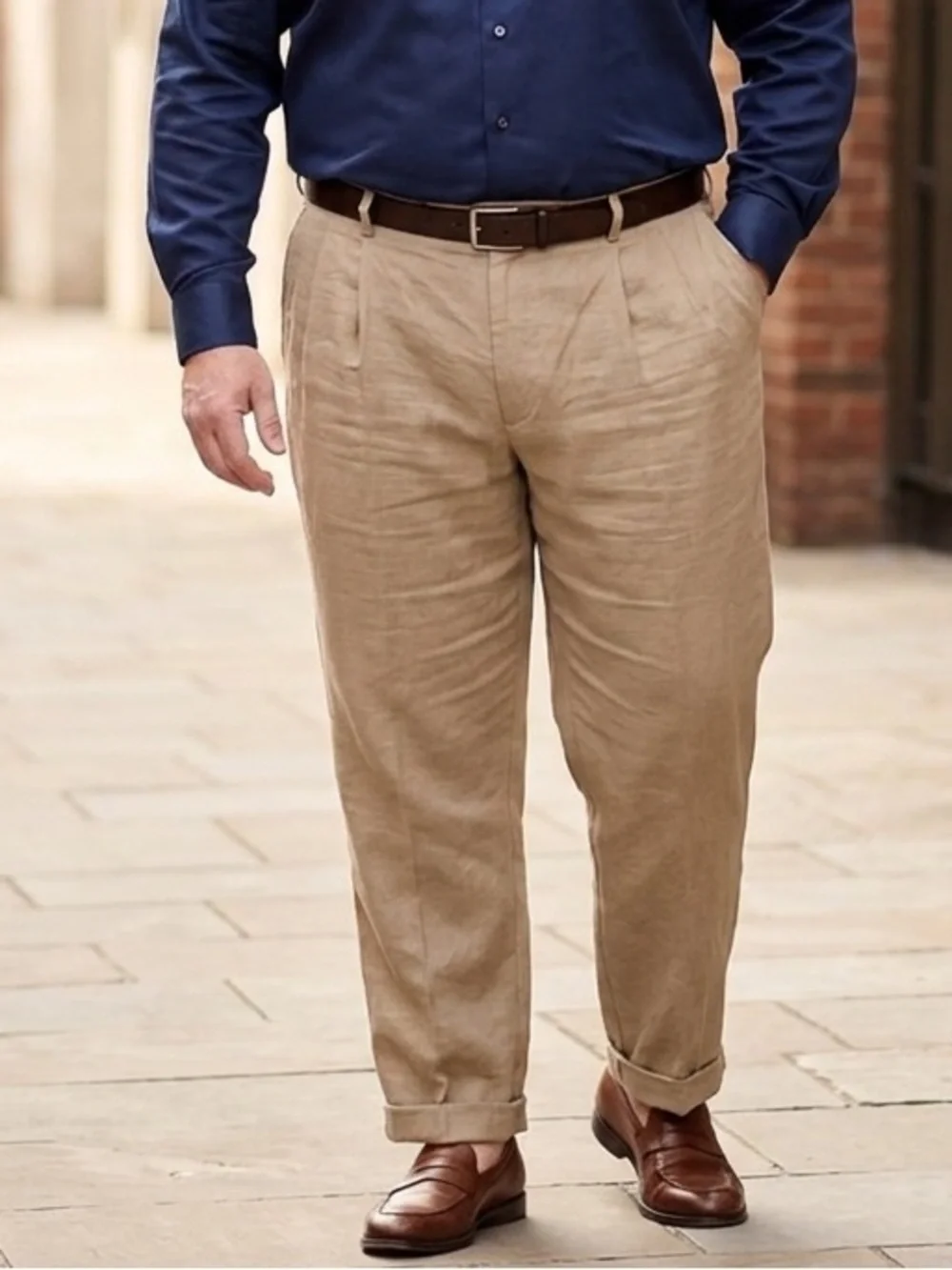 Savane Linen Cotton Blend Pleated Cuffed Trouser Pants in Khaki. Men’s 38X29